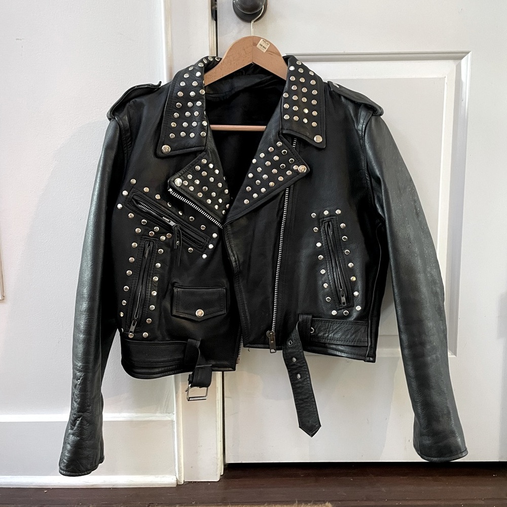 Punk Biker Cropped Black Leather Jacket Size Xxl
